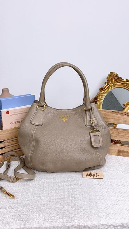 Prada Grey Leather Sacca 2 Manici Shoulder Tote Bag