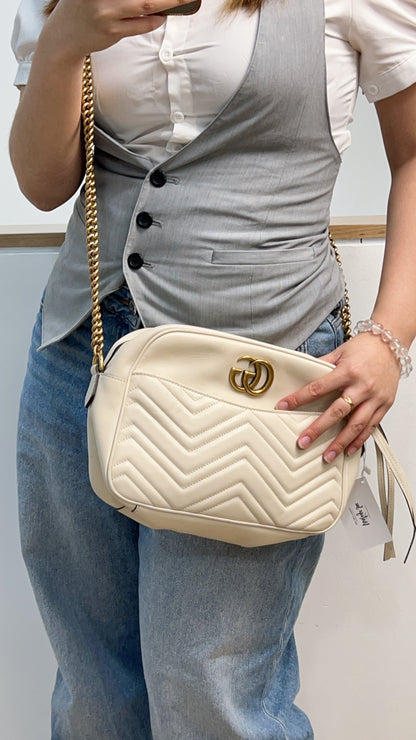 White Calfskin Medium Marmont Camera Bag GHW