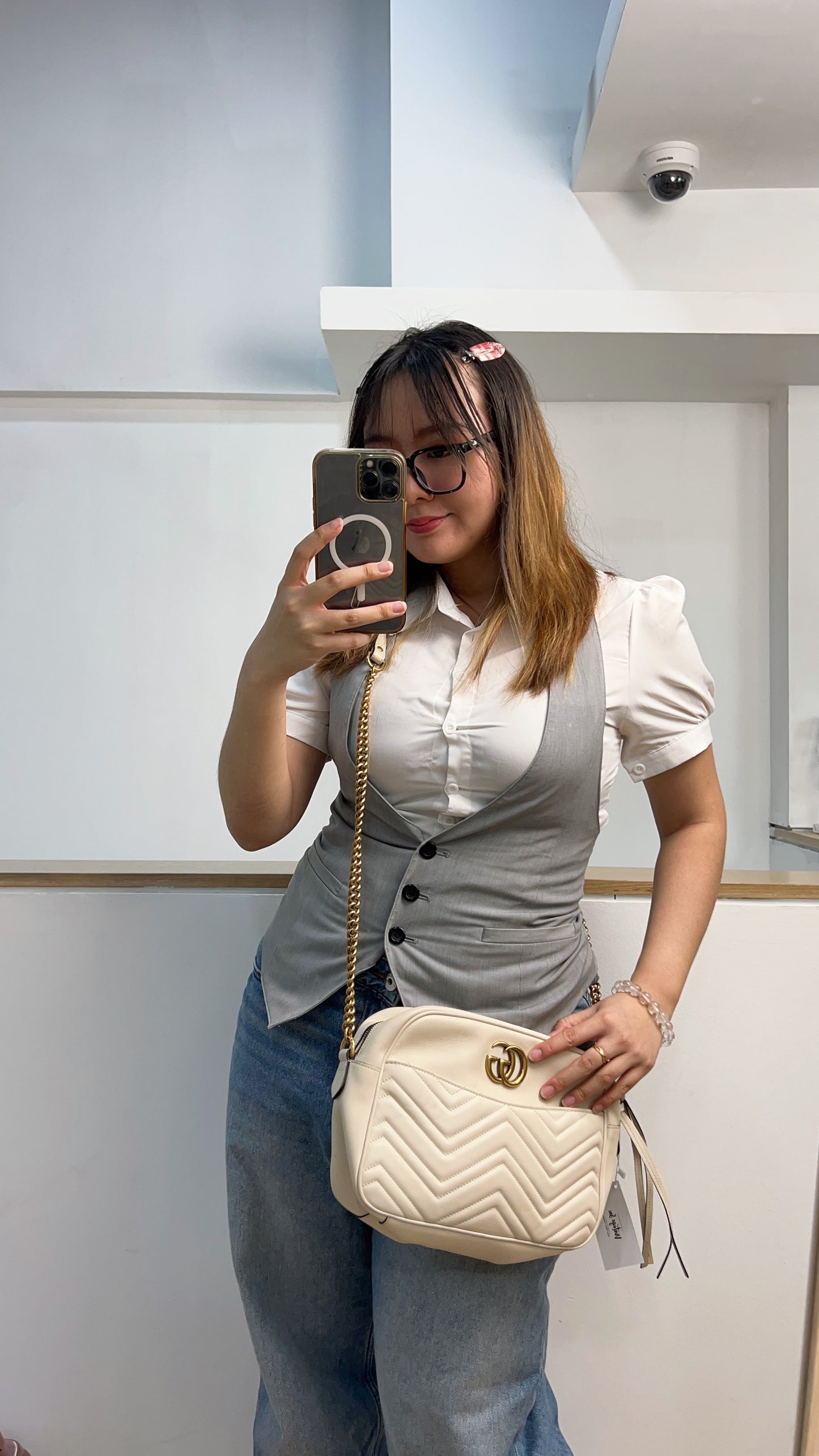 White Calfskin Medium Marmont Camera Bag GHW