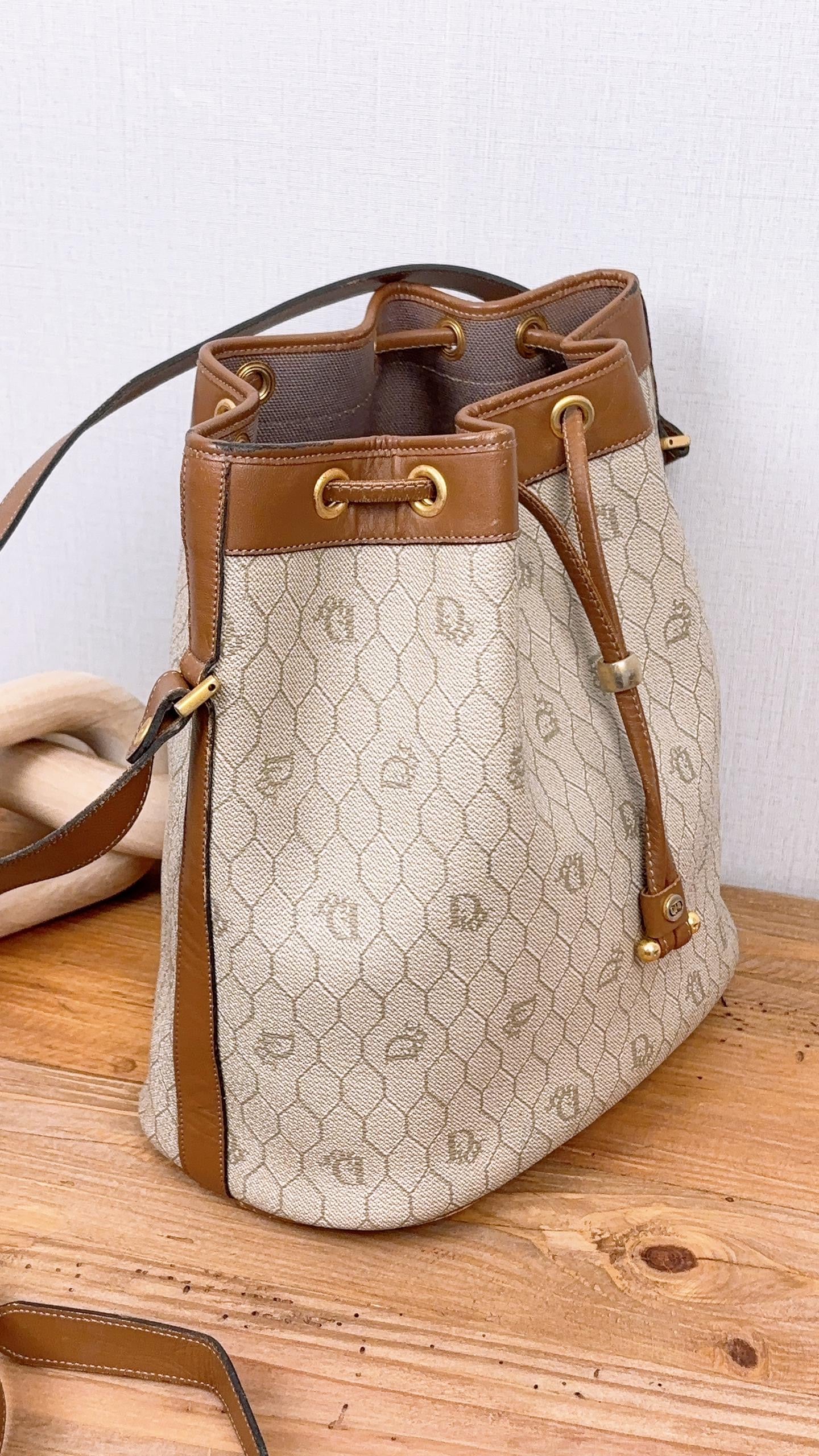 Dior Brown Coated Canvas Honeycomb Drawstring Bucket Bag