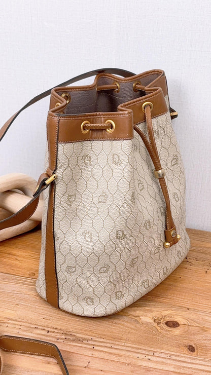 Dior Brown Coated Canvas Honeycomb Drawstring Bucket Bag