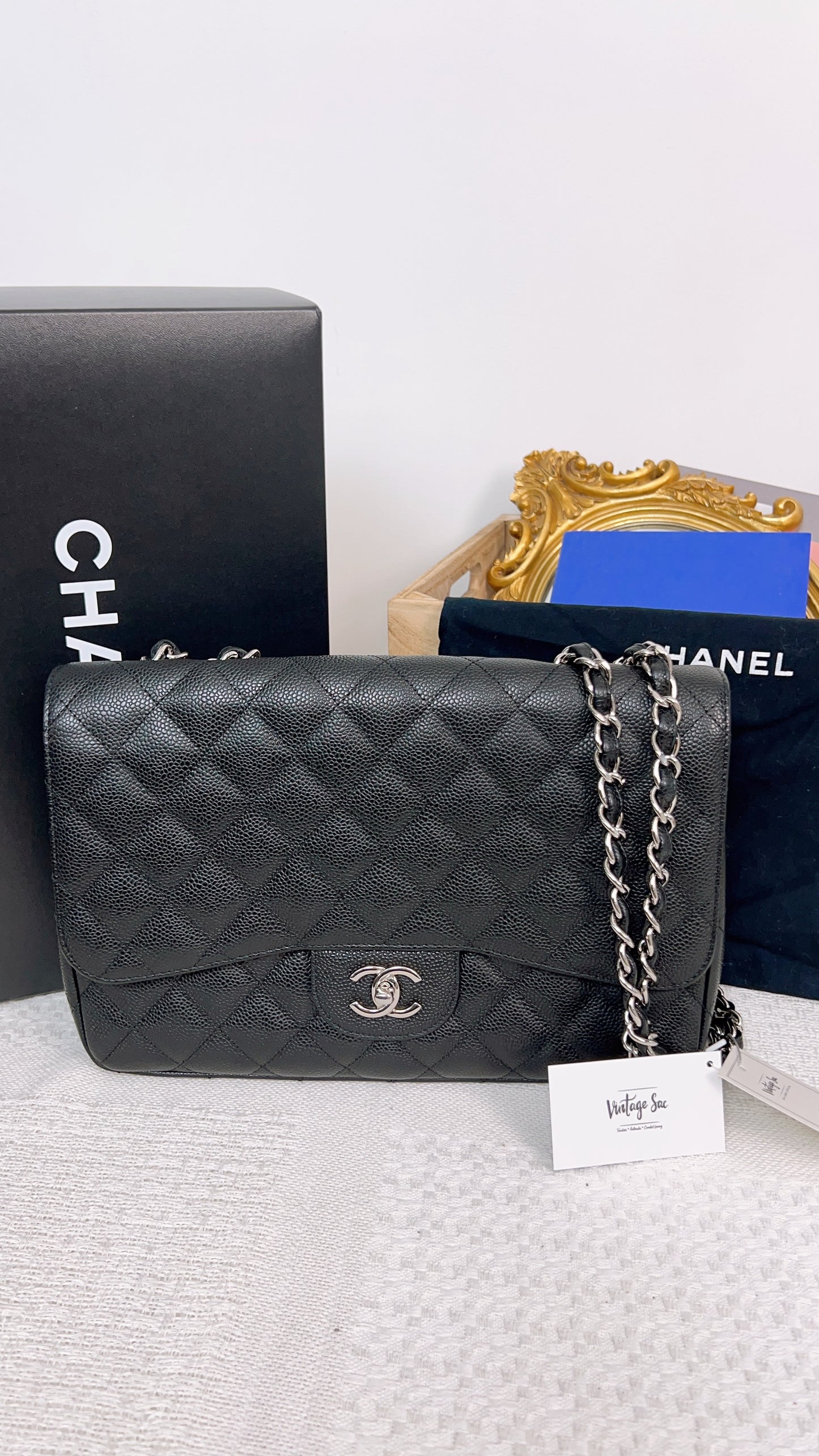 Chanel Classic Jumbo Black Quilted Caviar Leather