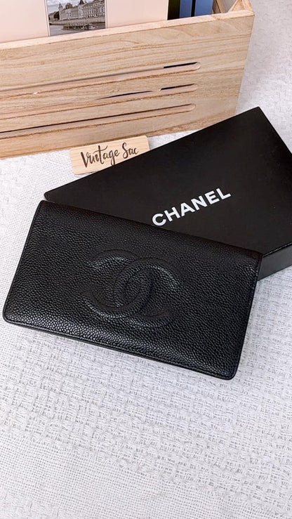 Chanel Black Caviar Timeless Bifold Long Wallet