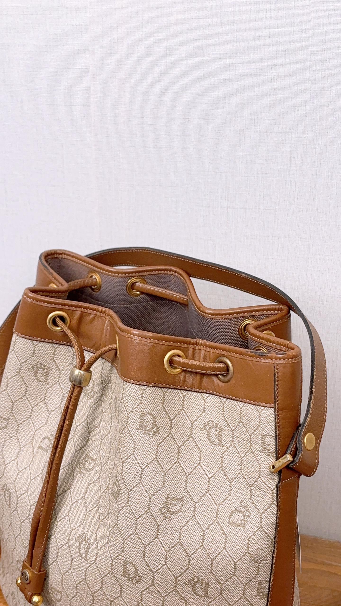 Dior Brown Coated Canvas Honeycomb Drawstring Bucket Bag