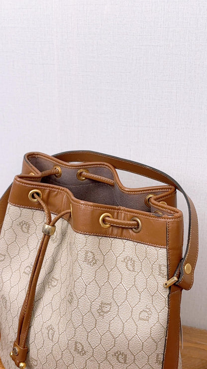 Dior Brown Coated Canvas Honeycomb Drawstring Bucket Bag