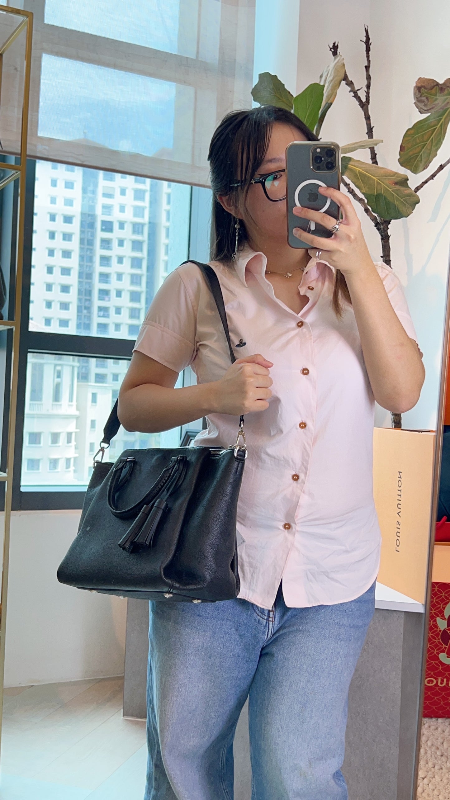 LV Black Mahina Leather Haumea Shoulder Bag