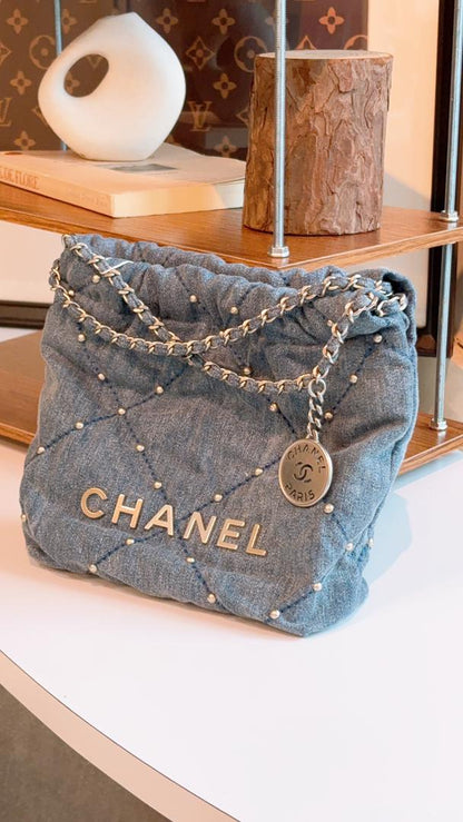 Chanel Denim Studded Mini 22 (SHW)