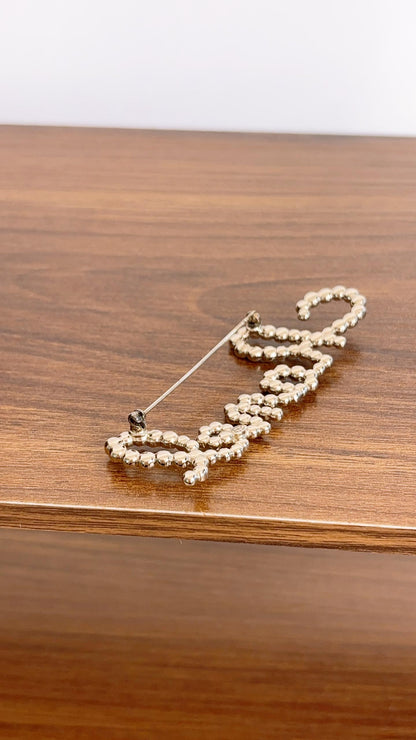 Chanel Light Gold Script Pearl Diamante Brooch