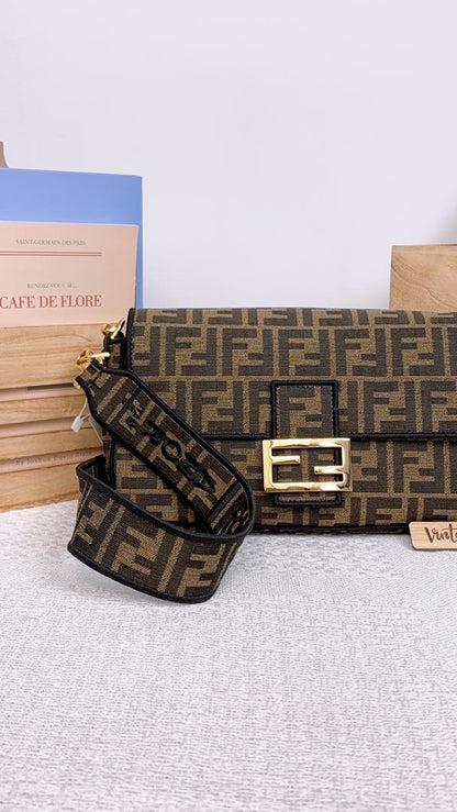 Fendi Brown Jacquard Canvas Baguette