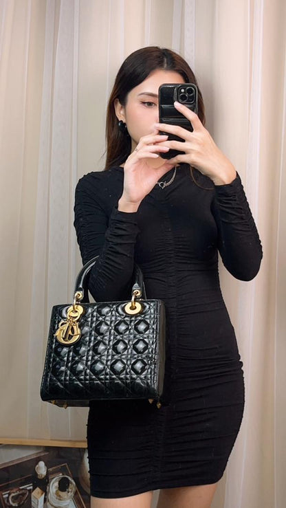 Dior Black Patent Medium Lady Dior (GHW)