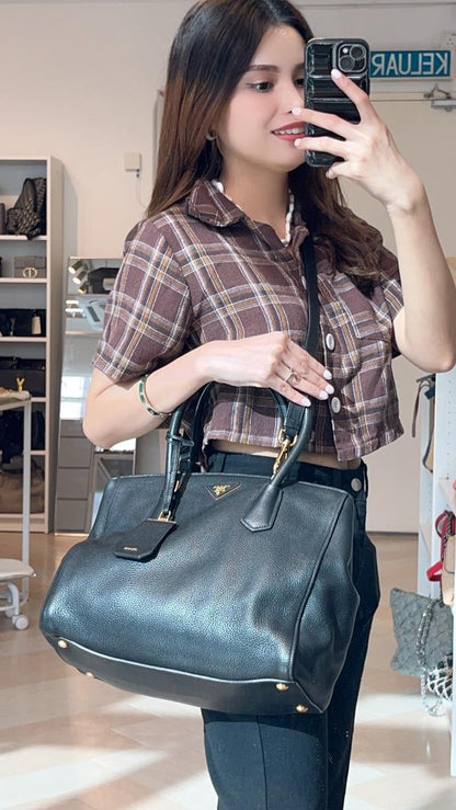 Prada Black Vitello Daino 2-Way Leather Tote (GHW)