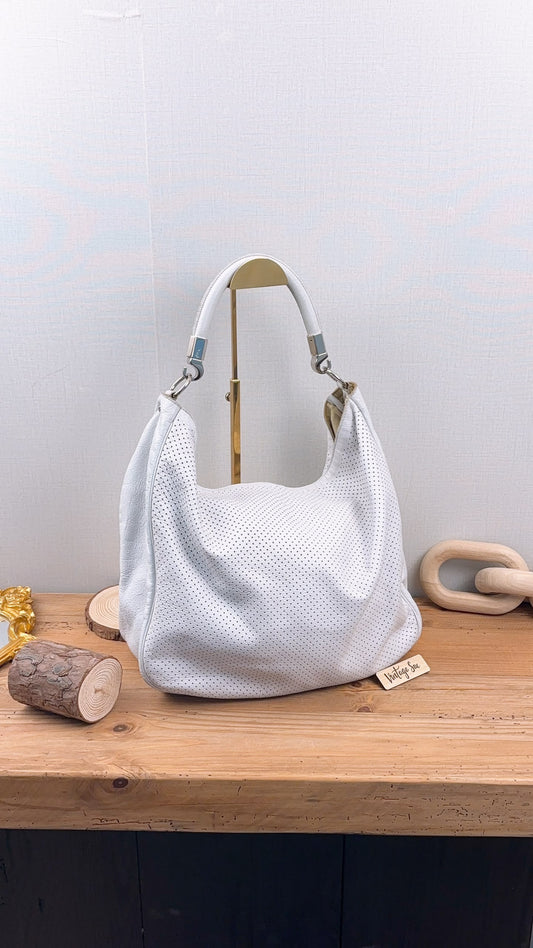 YSL White Perforated Leather Roady Hobo