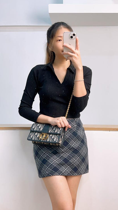 Dior Navy Oblique 30 Montaigne East West w Chain (GHW)