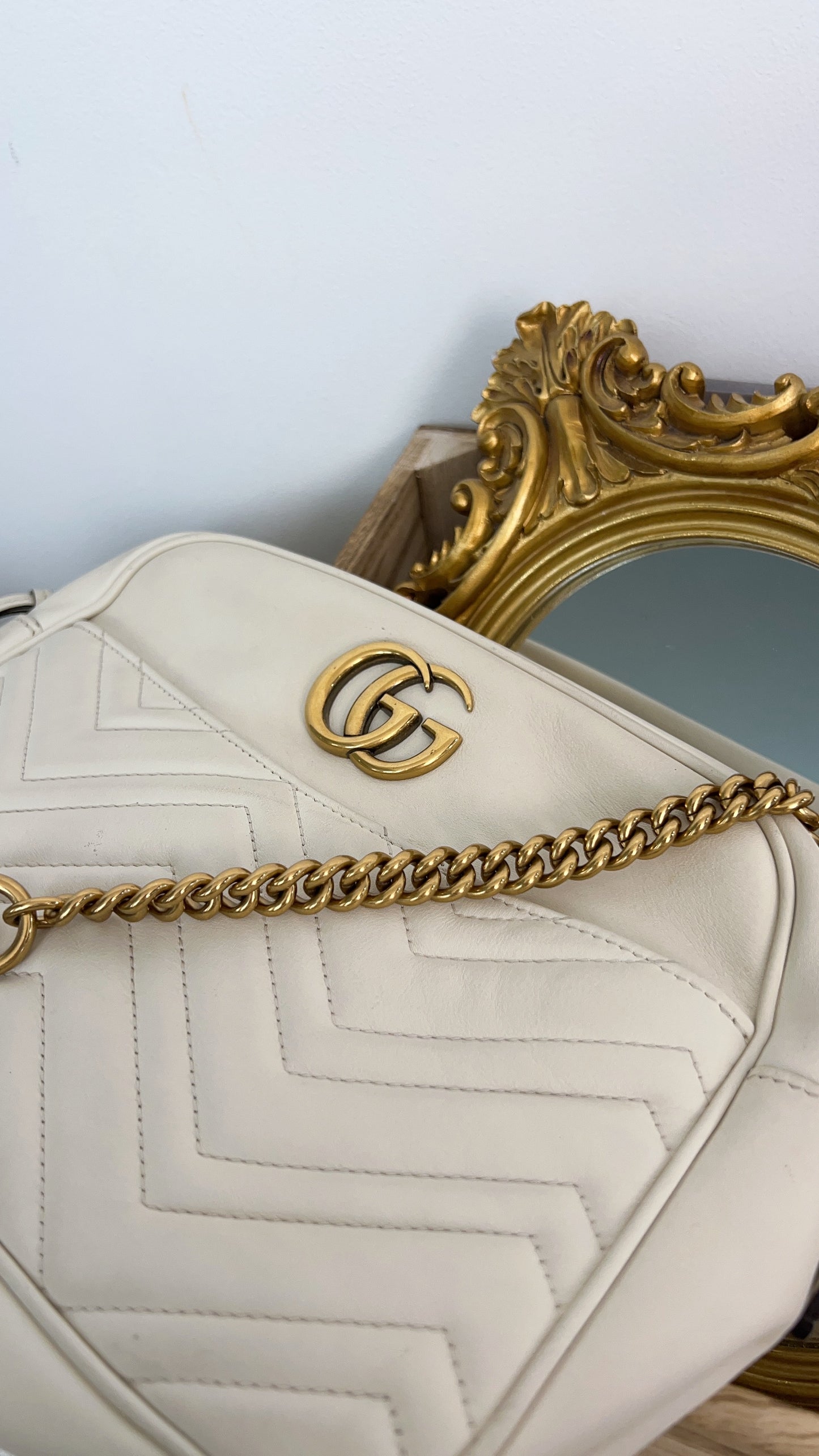 White Calfskin Medium Marmont Camera Bag GHW