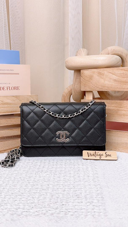 Chanel Black Caviar 24P Coco CC WOC (SHW)