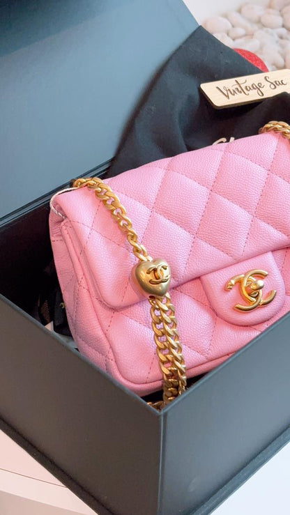 Chanel Pink Caviar 23P Mini Rectangular Heart Crush Flap Bag (GHW)