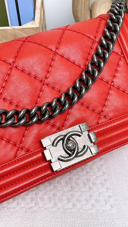 Chanel Red Calfskin Wild stitch Medium Boy RHW