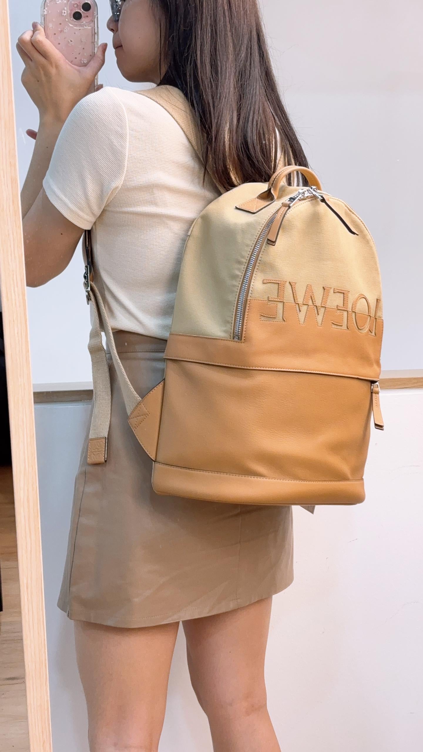 Loewe Camel Beige Calfskin Canvas Backpack