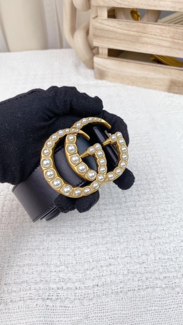 Gucci Black GG Marmont 38mm Belt w Pearls (GHW)