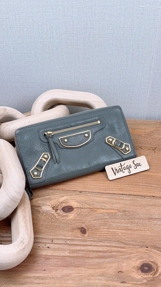 Balenciaga Grey Leather Metallic Edge City Zippy Wallet