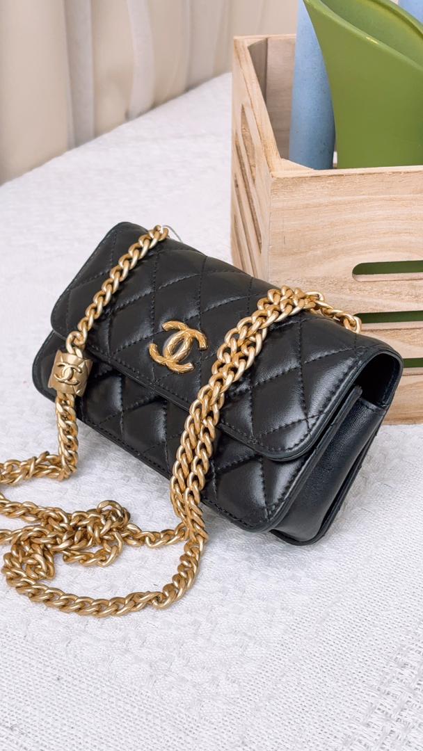Chanel Black Lambskin 22K Pillow Crush Phone Flap Bag (GHW)