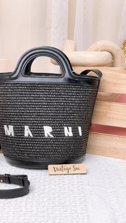 Marni Black Raffia Mini Tropicalia Bucket Bag