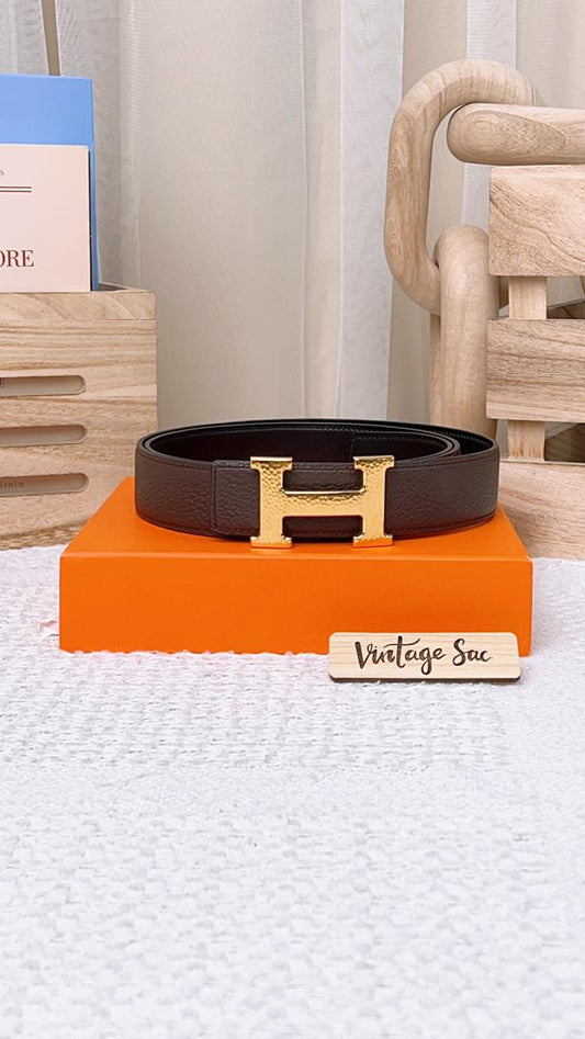 Hermes Brown/Black Marfelee Buckle Belt GHW 32mm
