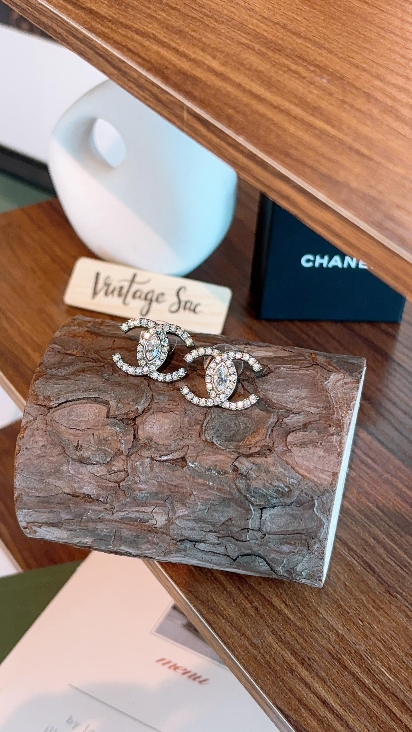 Chanel Silver CC Rhinestones Earrings