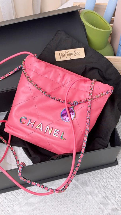 Chanel Pink Shiny Calfskin Mini 22 Bag with Rainbow Hardware