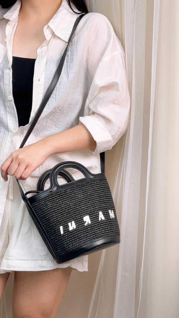 Marni Black Raffia Mini Tropicalia Bucket Bag