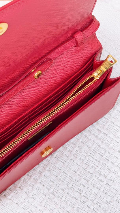 Prada Red Saffiano Bow Wallet with Strap