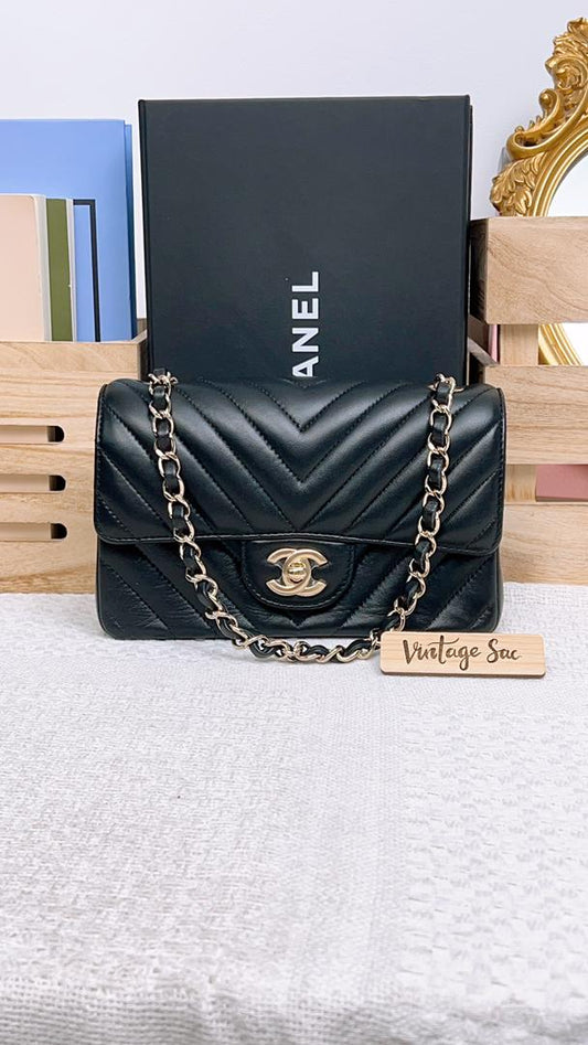 Chanel Black Lambskin Chevron Mini Rectangular (LGHW)
