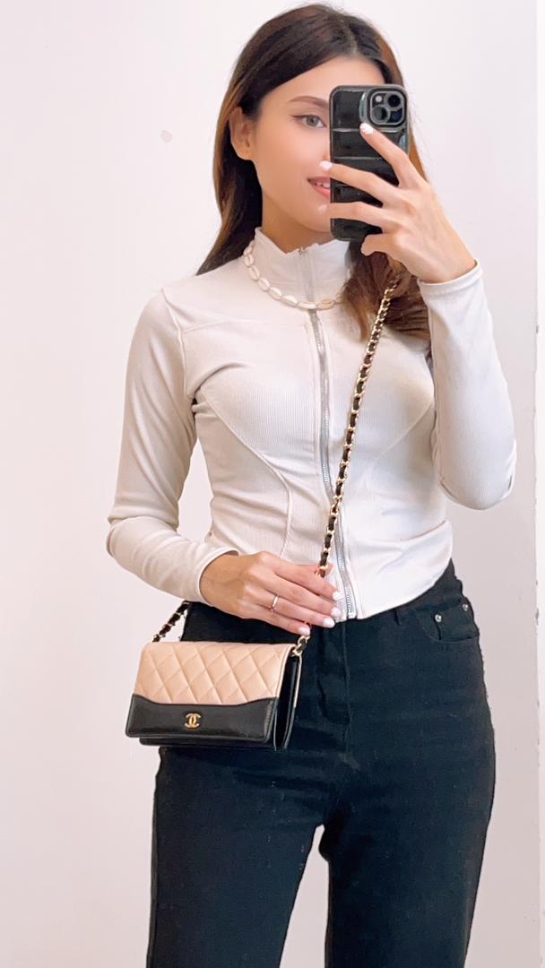 Chanel Black and Beige Gabrielle CC Yen Wallet