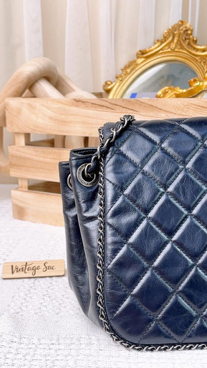Chanel Navy Calfskin Chain Around Accordian Shoulder Bag (RHW)