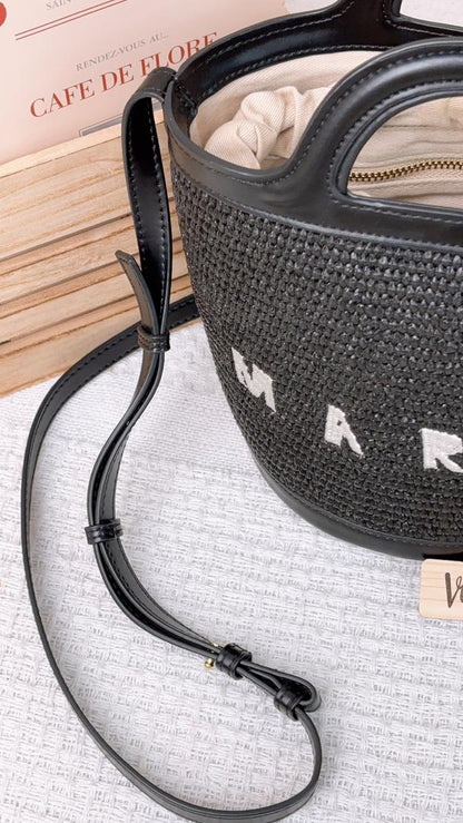 Marni Black Raffia Mini Tropicalia Bucket Bag