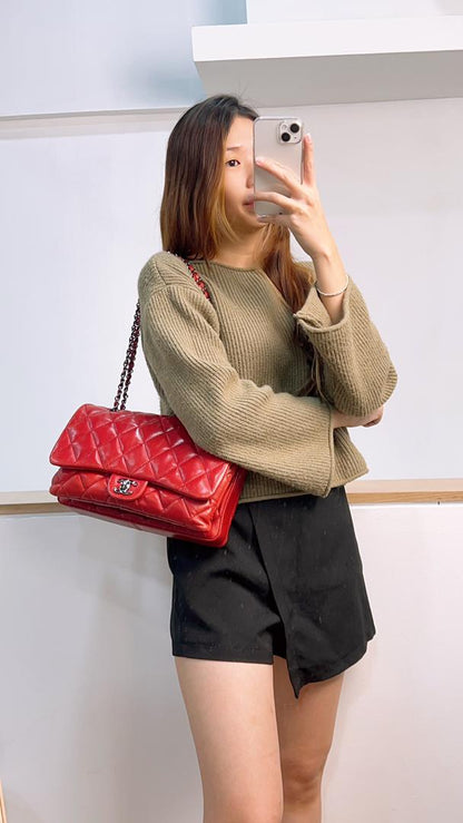 Chanel Red Lambskin Jumbo Accordin Flap (Shw)