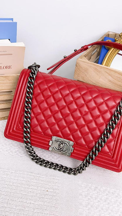 Chanel Red Lambskin New Medium Boy (RHW)