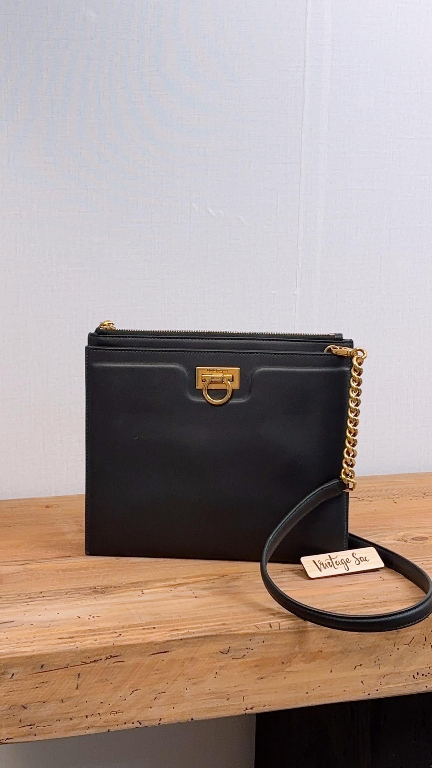 Salvatore Ferragamo Black Calfskin Trifolio Clutch with Strap