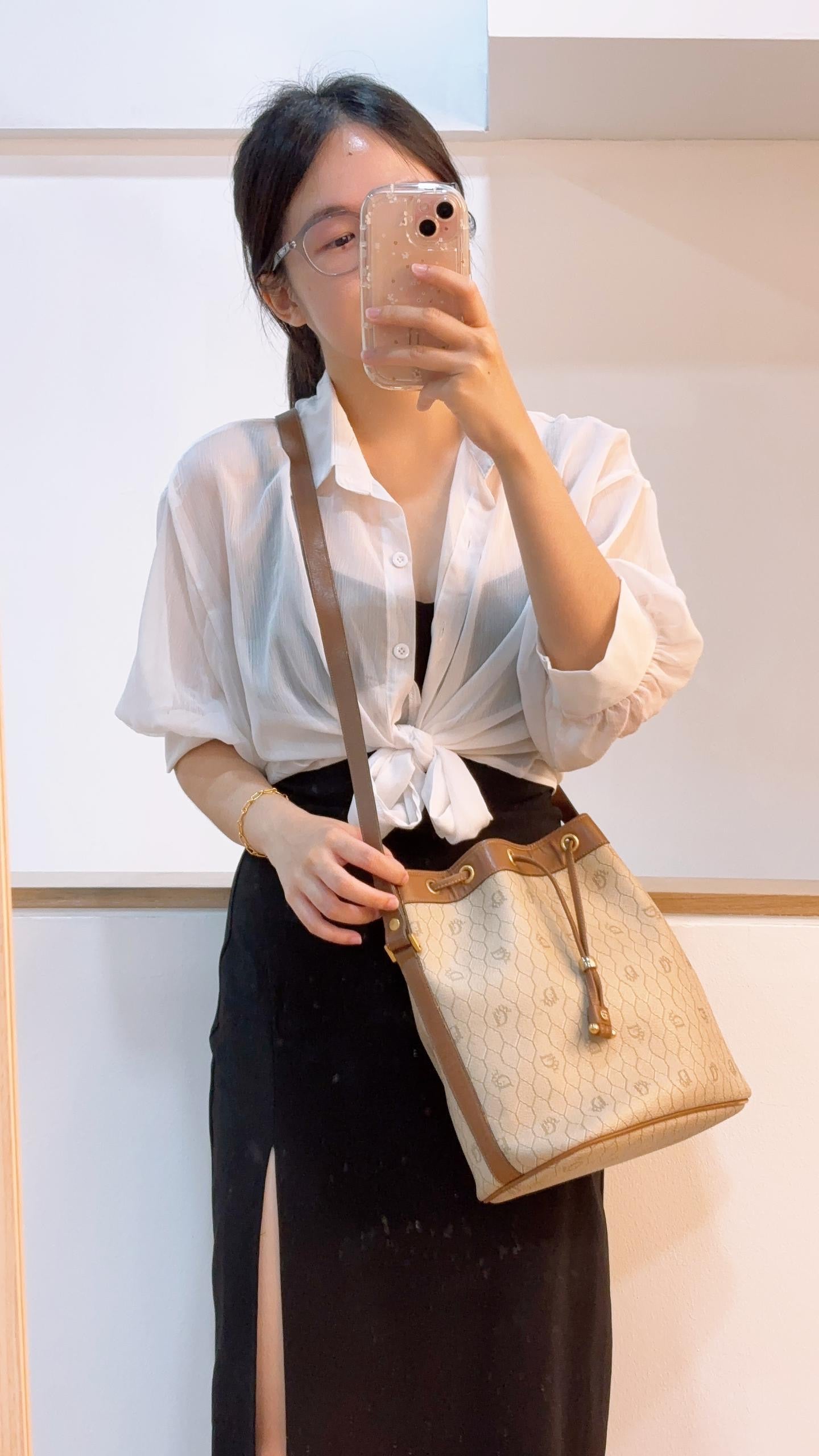 Dior Brown Coated Canvas Honeycomb Drawstring Bucket Bag