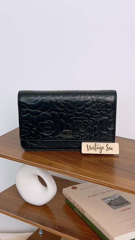 Chanel Black Camellia Embossed Lambskin WOC (SHW)