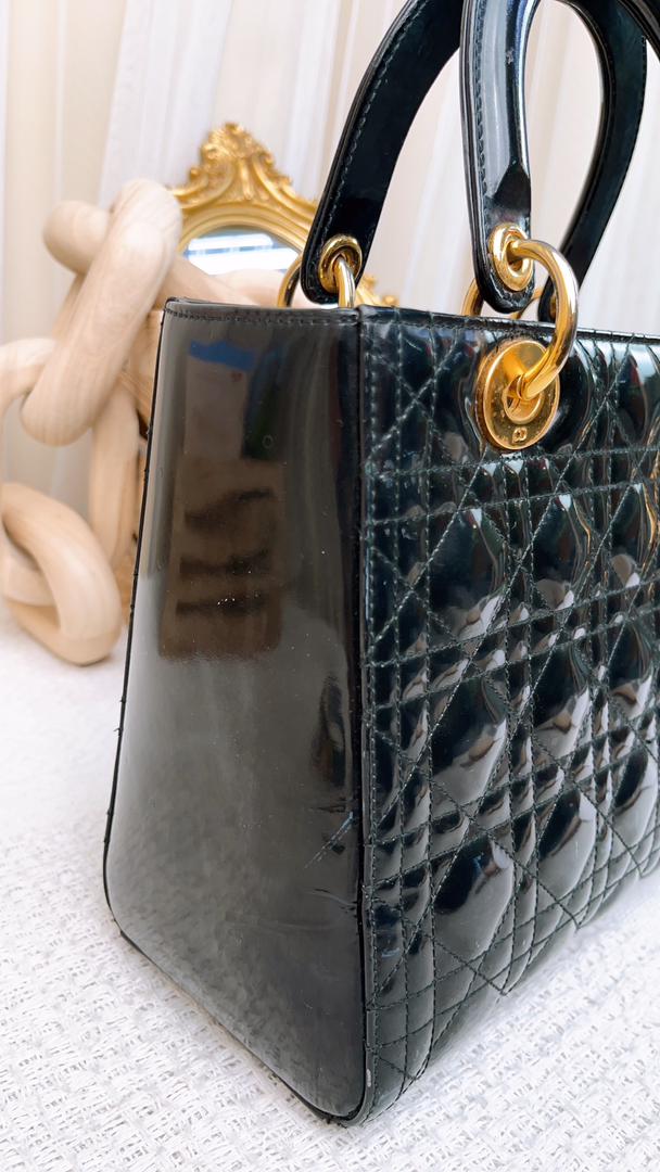 Dior Black Patent Medium Lady Dior (GHW)