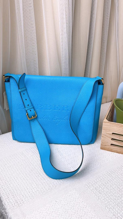Burberry Blue Grain Calfskin Large Burleigh Messenger Bag