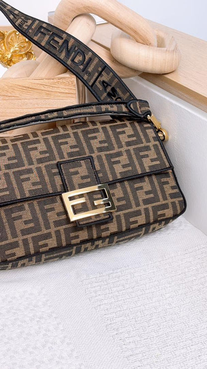 Fendi Brown Jacquard Canvas Baguette