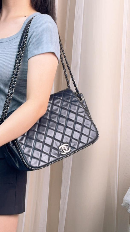 Chanel Navy Calfskin Chain Around Accordian Shoulder Bag (RHW)