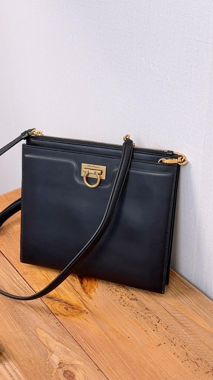 Salvatore Ferragamo Black Calfskin Trifolio Clutch with Strap