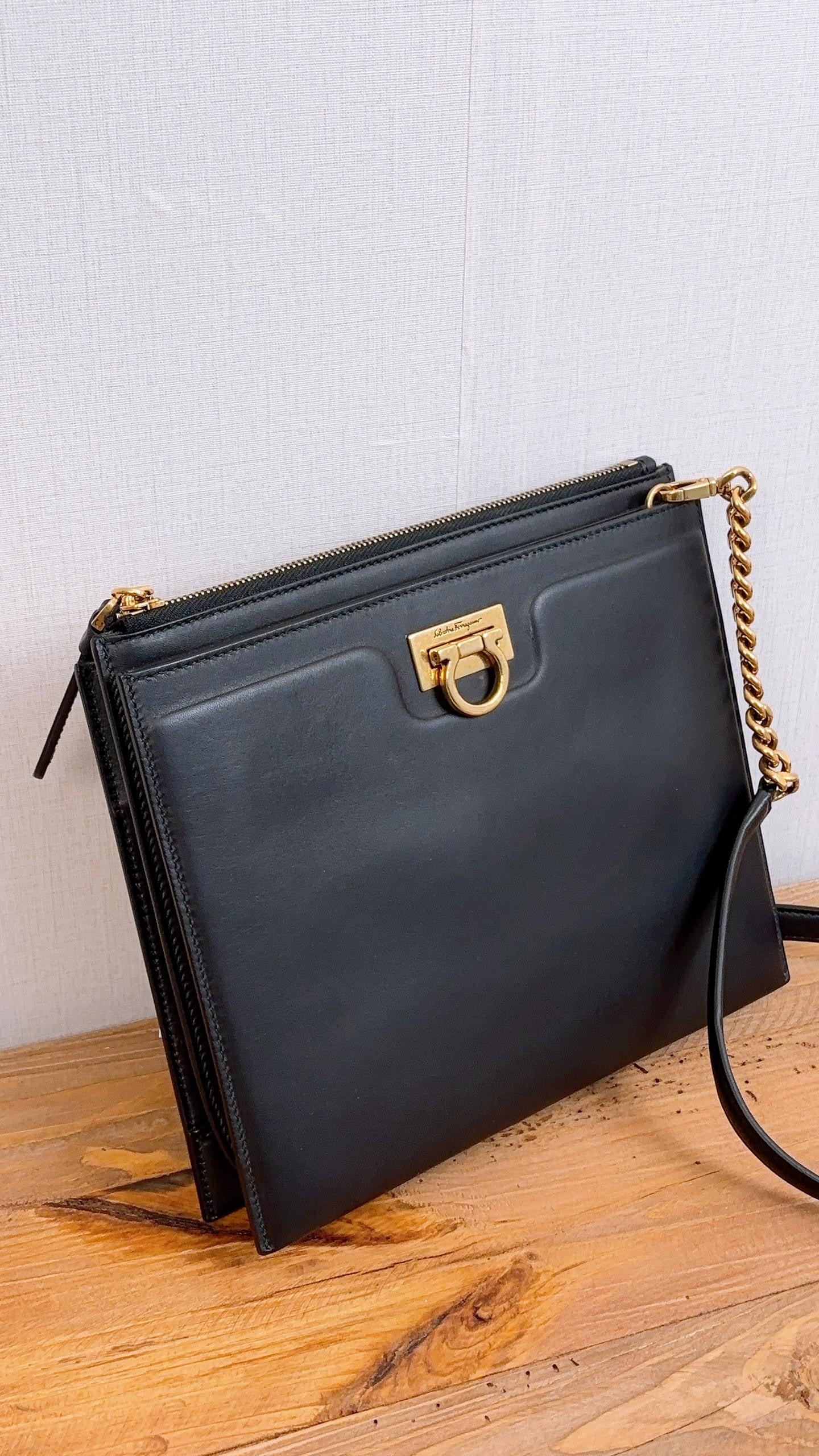 Salvatore Ferragamo Black Calfskin Trifolio Clutch with Strap
