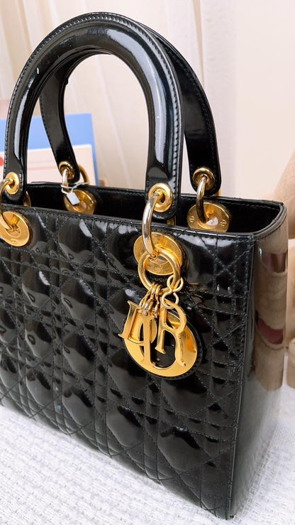 Dior Black Patent Medium Lady Dior (GHW)