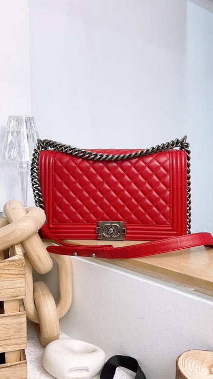 Chanel Red Lambskin New Medium Boy (RHW)