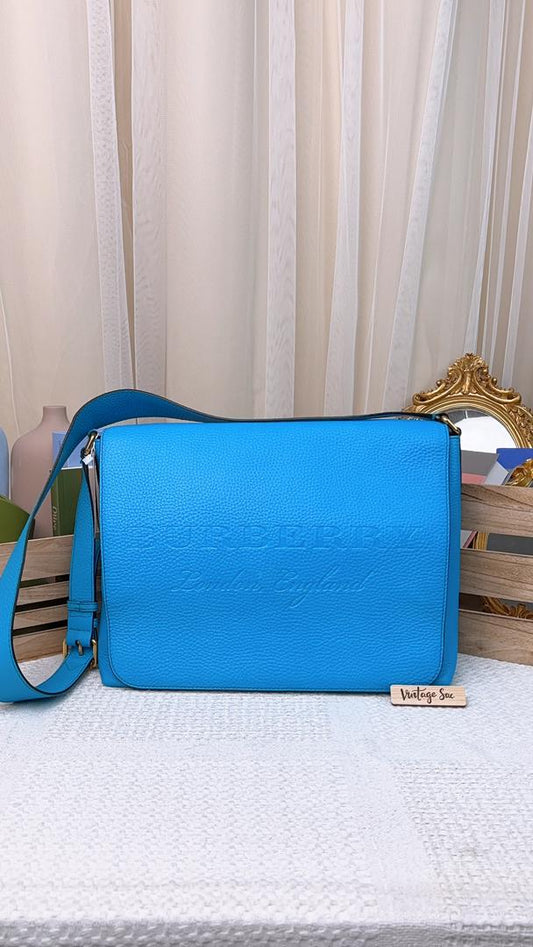 Burberry Blue Grain Calfskin Large Burleigh Messenger Bag