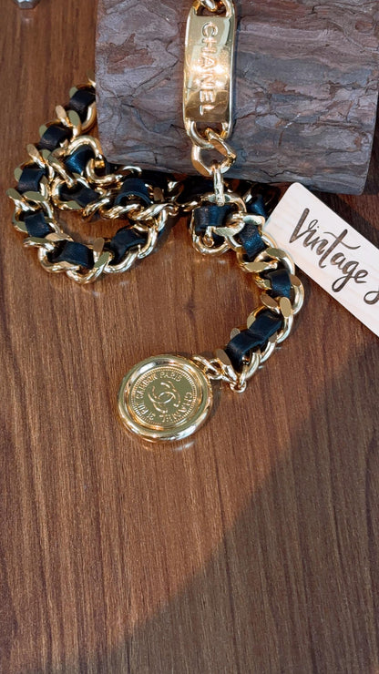 Chanel Gold Black Vintage Medallion Chain Belt 80cm